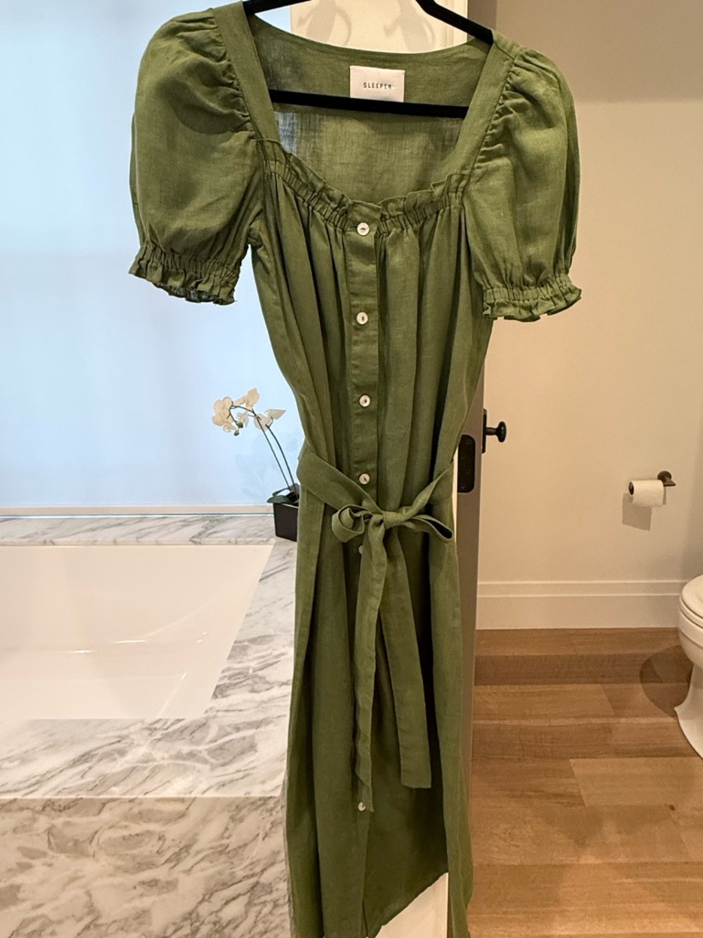 Sleeper Brigitte Olive Green Linen Dress